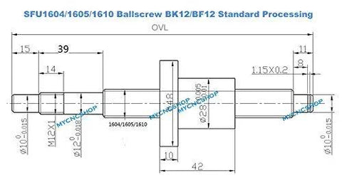 SFU1605 300MM Ball Screw Upgrade Kit With BK12 And BF12 End Mounts, detailed technical drawing of dimensions and features.