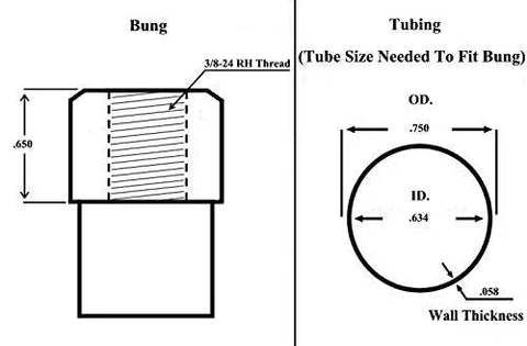 Diagram showing dimensions of a bung fitting and tubing specifications for the Premium 3/8 Inch Four Link Rod End Kit Featuring Solid 4130 Chromoly Steel Bodies And Teflon Kevlar Races With Bung Style Mounting.