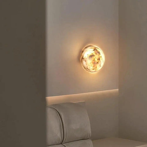 ROPCVAX Wall Sconce Lamp Light Fixture Lighting Modern Nordic, 5.9" alabaster round sconce illuminating a modern interior.