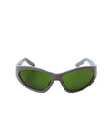 Heavy Duty Pro Grade Laser Protective Glasses Featuring Crisp Vision Lines For Super Broad Spectrum Coverage Between 200 To 1400 Nanometer And Smooth Operation During Professional Beauty Treatments That Deliver Game Changing Eye Shielding Without Any, with green lenses and gray frame.