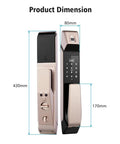 Slick Fully Automatic Smart Digital Door Lock Featuring Semiconductor Fingerprint Reader And Electronic Keypad Code Entry With Rfid Card Unlocks Built In Doorbell And Rechargeable Battery For Hassle Free Daily Security, showing dimensions 430mm x 80mm x 170mm.