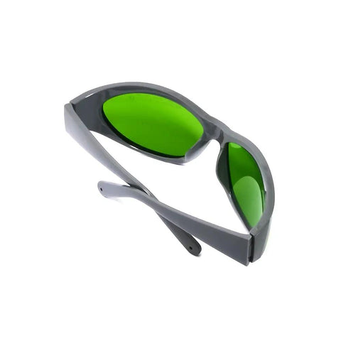 Straight Up Legit Infrared Laser Protective Glasses Built Dang Tough With Heavy Duty Nd Yag Laser Safety Eyewear in green tint with gray frame.