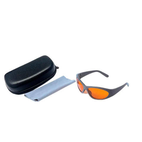 Premium Od5 Laser Safety Glasses Featuring Crystal Clear Lenses And Heavy Duty Frames with orange lenses and protective case.