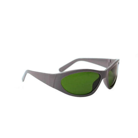 Heavy Duty Pro Grade Laser Protective Glasses Featuring Crisp Vision Lines For Super Broad Spectrum Coverage Between 200 To 1400 Nanometer angled view with green lenses.