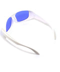Heavy Duty Laser Safety Glasses With Top Shelf OD4 Plus Protection For Yellow Pulsed Dye Lasers And Clinical Dermatology Work Certified Eye Safety Gear For Hospitals And Labs in white frame with blue lenses.