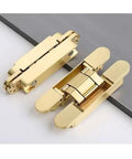 Modern Adjustable One Eighty Degree Silent Concealed Hinge Black Hidden Door Hardware For Wood Cabinets Delivers Dead Quiet Operation Smooth Roll Heavy Duty Install in gold finish, showcasing dual hinges.
