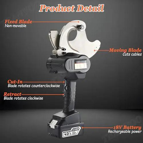 Heavy Duty Ratchet Cable Cutter Chops Through Thick Copper Aluminum And ACSR Wiring Quick With Solid Charge Lithium Batteries And Ergonomic Non Slip Handle For Effortless Pro Electrical Work showing moving and fixed blades.