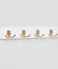 Swoop Up Fresh Wall Mounted Coat And Hat Rack Featuring Four Sleek Gold Dual Hooks On A Crisp White Base, 18-inch aluminum design.