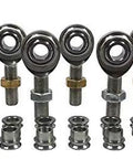 1/2-Inch 1/2-20 Rod End Kit with 4 Right Hand and 4 Left Hand Heim Joints Featuring 12 Ton Load Rating Heat Treated Steel Construction Includes 8 Pair High Misalignment Spacers and Jam Nuts for Custom Rig Builds, showing rod ends and spacers.