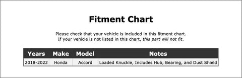 Fitment chart for Front Left Wheel Bearing Hub Assembly For The 2018 2022 Honda Accord Drivers Side.