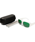 Top Tier Pro Grade Laser Safety Eyewear Blocking 450Nm Blue 650Nm Red And 808Nm Infrared Lasers With Robust Frames And Hella Thick OD4 Plus Filter For Workshop Tasks, with protective case.