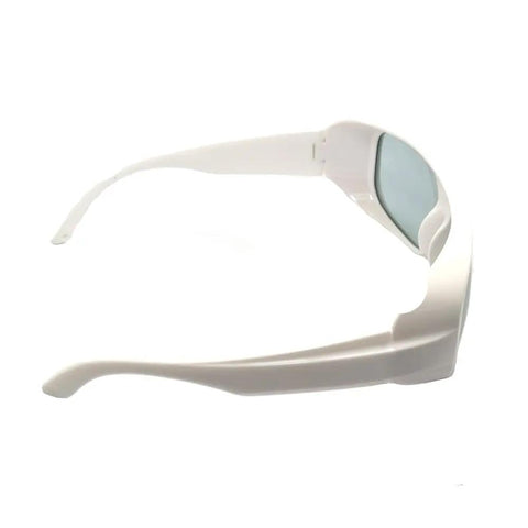 Badass Infrared Laser Protective Safety Glasses For 1900 To 3000Nm Beam Range With Thick OD4 Plus Clear Views For Thulium And Holmium Industrial Workshop Setup side view of white goggles with clear lenses