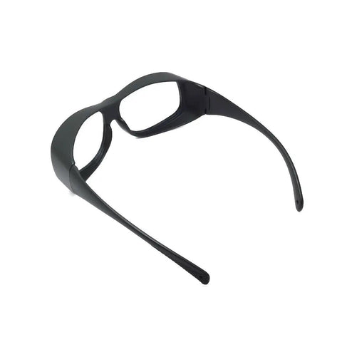 Rock Solid Co2 Laser Safety Glasses Featuring Clear Glass Optics And OD6 Plus Rating Built For 9000 To 11000Nm Wavelengths, side view, black frame.