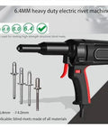 Heavy Duty Corded Electric Rivet Gun With Brushless Motor Six Hundred Watt Power Tool Kit For Four To Six Point Four Millimeter Rivets with attached blind rivets.