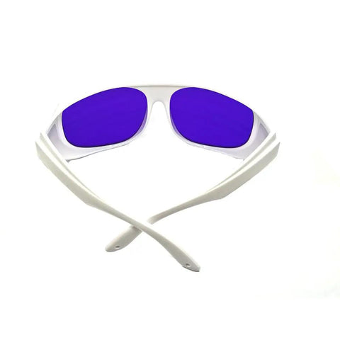 Heavy Duty Yellow Laser Safety Glasses Serving Straight Up Tough Eye Armor For 560 To 600nm Wavelengths With OD 6 Plus Coverage, white frame with blue lenses.