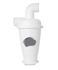White industrial cyclone dust separator for vacuum cleaners, DIY turbocharged woodworking dust collector to cut debris before the filter.