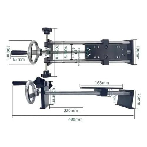 Heavy Duty Digital Force Gauge Push Pull Meter With Hand Cranked Horizontal Test Stand dimensions and features overview, showing cranked spiral rack.