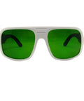 Heavy Duty Laser Safety Glasses Serving Up Knock Out Protection Across 800 To 1700Nm With Od4 Plus And Od6 Plus Ratings For Telecom Nd Yag Diode Crews Clear Lens, white frame and green lenses.