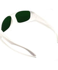 Solid Clear Lens Laser Safety Glasses For 660Nm And 800 To 1095Nm With OD5 Blocker, white frame, green lenses, side view.