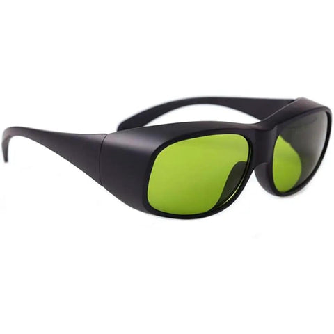 Legit Infrared Laser Safety Glasses Blocking 740Nm To 1100Nm ND YAG And Diode Beams with green lenses and sleek black frame.
