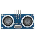 Front view of HC-SR04 Ultrasonic Sensor Module with twin transducers for DIY electronics, part of Five Pack HC-SR04 Ultrasonic Sensor Module for Precise Distance Sensing, DIY Robotics and Arduino Projects, Maker-Friendly Plug and Play, Wide Detection Range, Reliable Echo Timing for Makers and Hobbyists.