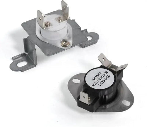 Smooth Swaps Thermal Fuse And Thermostat For Lg Dryers To Banish No Heat Blues In A Flash Straight Shot Repair Part Fits Dle5955w Models Bring Back The Warmth. Two thermal components with metal and plastic parts.