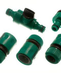 Twenty Four Pack Tough Hose Connector Kit With Quick Snap Fittings, including shut off spigots and reducers, green plastic parts.