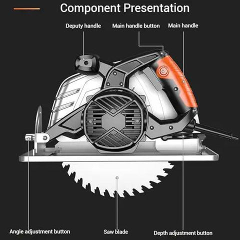 Pro Grade Electric Circular Saw With Aluminum Body For Portable Woodworking Projects Smooth High Speed Cutting Low Noise Stable Operation Slick Clean Cuts For Weekend Warriors showing component features including handles and adjustment buttons.