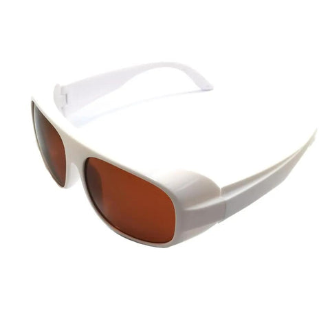 Top Shelf Slick Laser Protective Glasses For YAG And KTP Q Switched Clinics With Tough As Nails OD5 Plus Dual Band Optics, white frame.