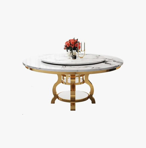 Kickback Ready Round Marble Dining Table Built For Epic Weekend Hangouts Featuring A Smooth White Spinning Lazy Susan And Bold Gold Stainless Steel Base Stretching Fifty Nine Inches Wide with floral centerpiece.