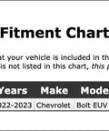 Fitment chart for Rear Wheel Bearing And Hub Assembly For Chevrolet Bolt Euv 2022 2023 with vehicle details.