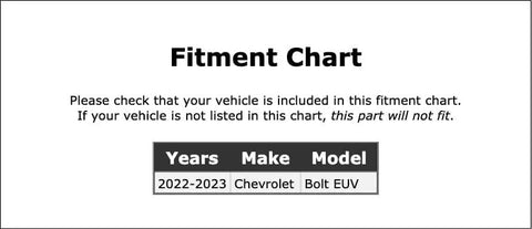 Fitment chart for Rear Wheel Bearing And Hub Assembly For Chevrolet Bolt Euv 2022 2023 with vehicle details.