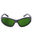 Broad Band Infrared Laser Safety Glasses Selected By Telecom Pros For 800 To 1700NM Projects features green lenses and a grey frame for optimal comfort.