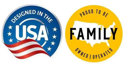 "Designed in the USA and Family Owned Operated badges"