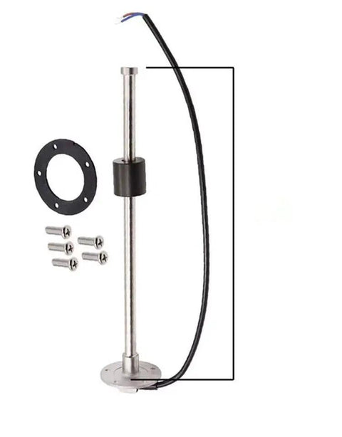No-Hassle Plug And Play Fuel Tank Sending Unit And Water Level Gauge For Boats Trucks And Cars SAE Five Hole 0 To 190 Ohms 150 MM stainless steel unit with wires and mounting hardware.