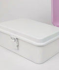 Heavy Duty Vintage White Metal Toolbox Featuring A Tight Snap Shut Locking Latch Tin Storage Case For Everyday Gear And Art Supplies Classic Secure Organizer Trunk, closed view.