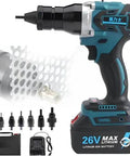 Cordless Electric Rivet Nail Gun, 2 In 1 Rivnut Installer For M3 To M12 Bolt Sizes, front view with battery and accessories.