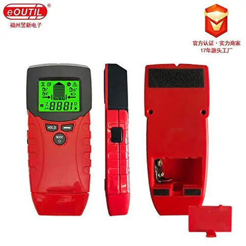 Knockout Handheld Metal Detector And Wood Moisture Meter With AC Voltage Live Wire Wall Scanner showing its front and back views.
