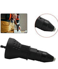 Heavy Duty Electric Rivet Gun Adapter for Cordless Drills showing swappable head detail, designed for easy riveting in home improvement.