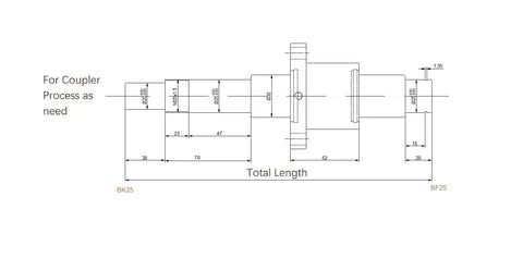 Technical drawing of the Top Shelf 32Mm Anti Backlash Ballscrew Kit with dimensions, showing BK25 and BF25 bearing supports.