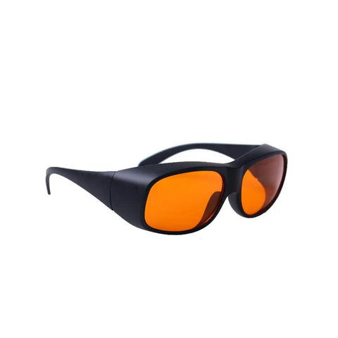 Heavy Duty Laser Safety Glasses With Top Shelf OD5 Protection Covering 180 To 540 Nm Wavelengths Clear Lens Knockout Eye Defense For KTP Argon And Excimer UV Green Lasers In The Lab, orange tinted lenses.