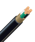 Close-up of Straight Up Heavy Duty 4/3 SOOW Electrical Wire Cable 300 Ft Black with copper strands for motors and outdoor tasks.