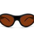 Top Shelf Professional Laser Safety Glasses With OD 8 Plus Tough Eye Protection For Blue Red And Green Lasers Covering 190Nm To 1100Nm Wavelengths With Sweet UV Blocking Coating And Snazzy Frame, black frames with tinted red lenses.