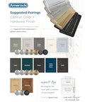 Amerock suggested pairings for cabinet colors with hardware finishes, showcasing combinations like satin nickel and earth tones for kitchen.