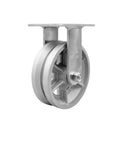 Badass Heavy Duty Rigid Top Plate Caster With 6 Inch V Groove Semi Steel Cast Iron Wheel And Precision Bronze Bearings, side view