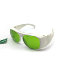 Top Notch Nd Yag Laser Safety Glasses 1064Nm Optic Eyewear With Od Four Plus Shielding For Industrial Machining And Cutting Jobs Kick Ass Gear Built Heavy Duty For Real World Shop Use Daily, white frames, green lenses.