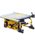 Badass 1500W 80 Tooth Table Saw For Rock Solid Woodworking Cuts With Dust-Free Design And Smooth Sliding Action That Is Totally Sick For DIY Pros And Garage Shoppers Who Want Premium Precision Anytime Without All The Hassle On Their Workbench showing a yellow and black heavy-duty table saw with a sliding table surface.