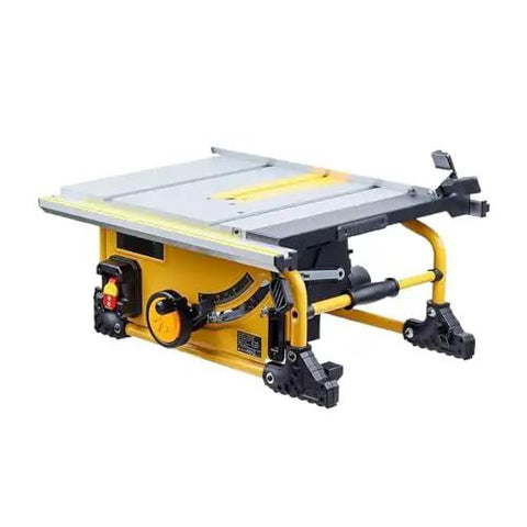 Badass 1500W 80 Tooth Table Saw For Rock Solid Woodworking Cuts With Dust-Free Design And Smooth Sliding Action That Is Totally Sick For DIY Pros And Garage Shoppers Who Want Premium Precision Anytime Without All The Hassle On Their Workbench showing a yellow and black heavy-duty table saw with a sliding table surface.