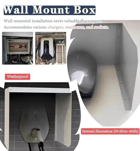Heavy Duty Rock Solid Wall Mount EV Charger Shelter Box With Slick Cable Management Setup, wall-mounted design with internal dimensions.