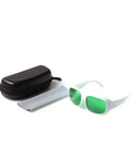 Top Shelf Laser Protection Glasses For 635Nm To 660Nm And 808Nm To 830Nm Wavelengths with black case and cleaning cloth.